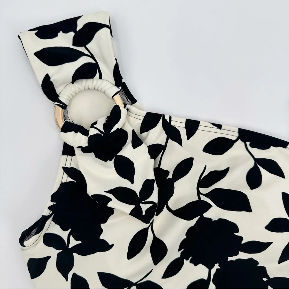 Kate Spade Geranium‎ Grove Buckle One-Shoulder Black Ivory Floral Swimsuit XS